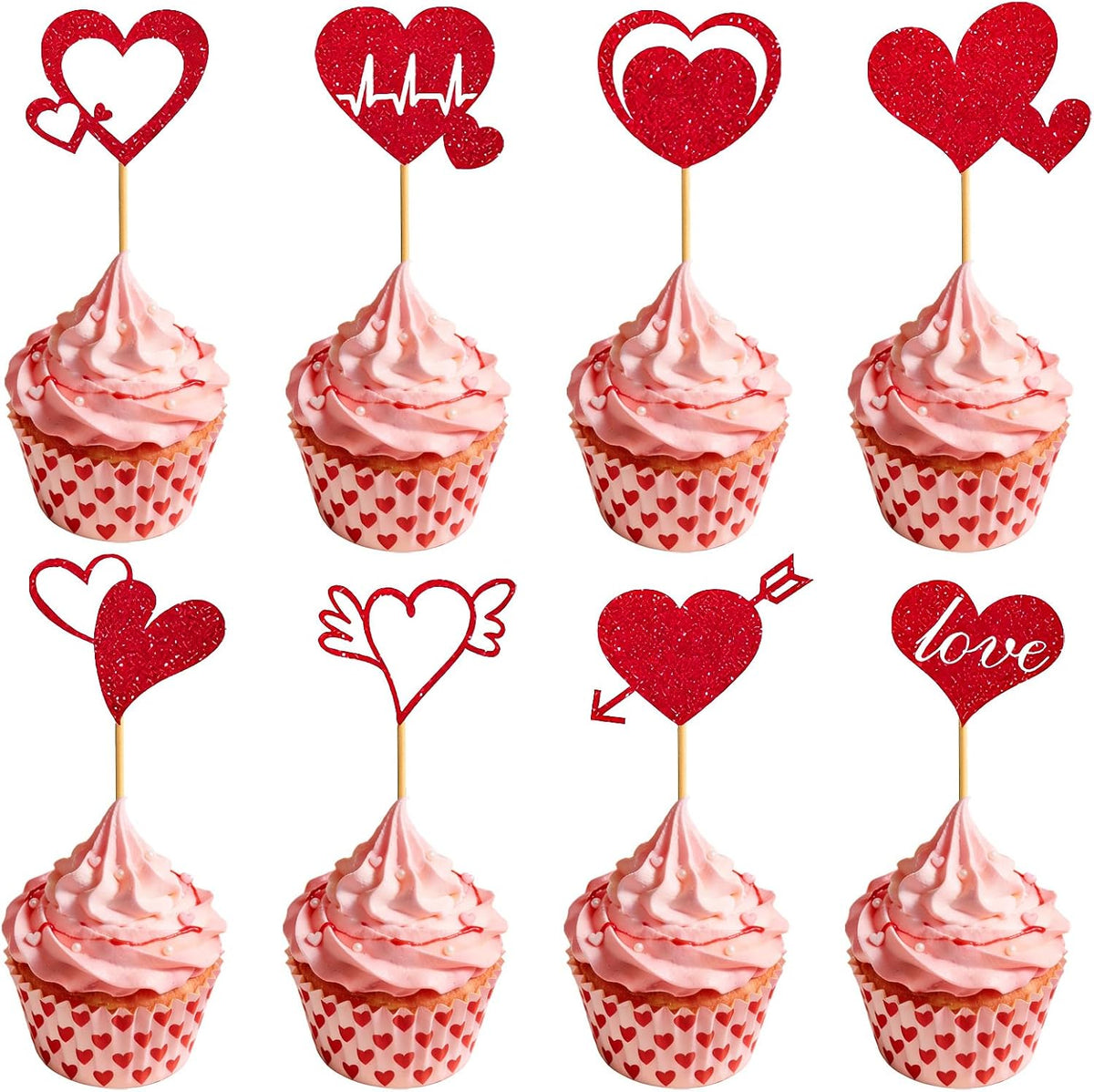 24Pcs Valentine's Day Cupcake Toppers, Glitter Red Heart Cake Decorations