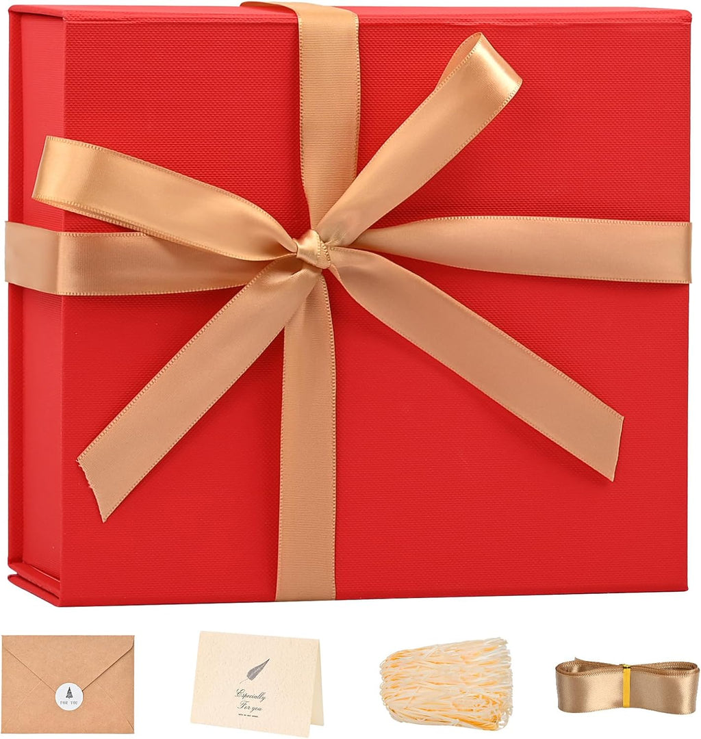LIFELUM Red Gift Box for Christmas with Magnetic Lid, 8"x7"x3"