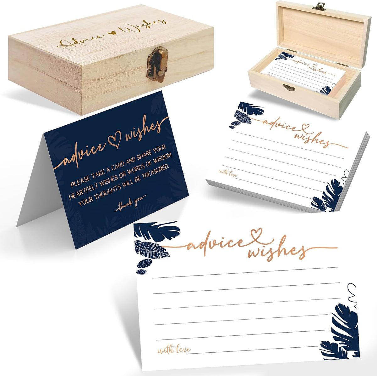 Navy Blue Advice and Wishes Cards with Decorative Wood Box - 60 Pack Tropical Palm Leaves Message Cards - Keepsake Guest Book Alternative for Graduation, Wedding, and Anniversary