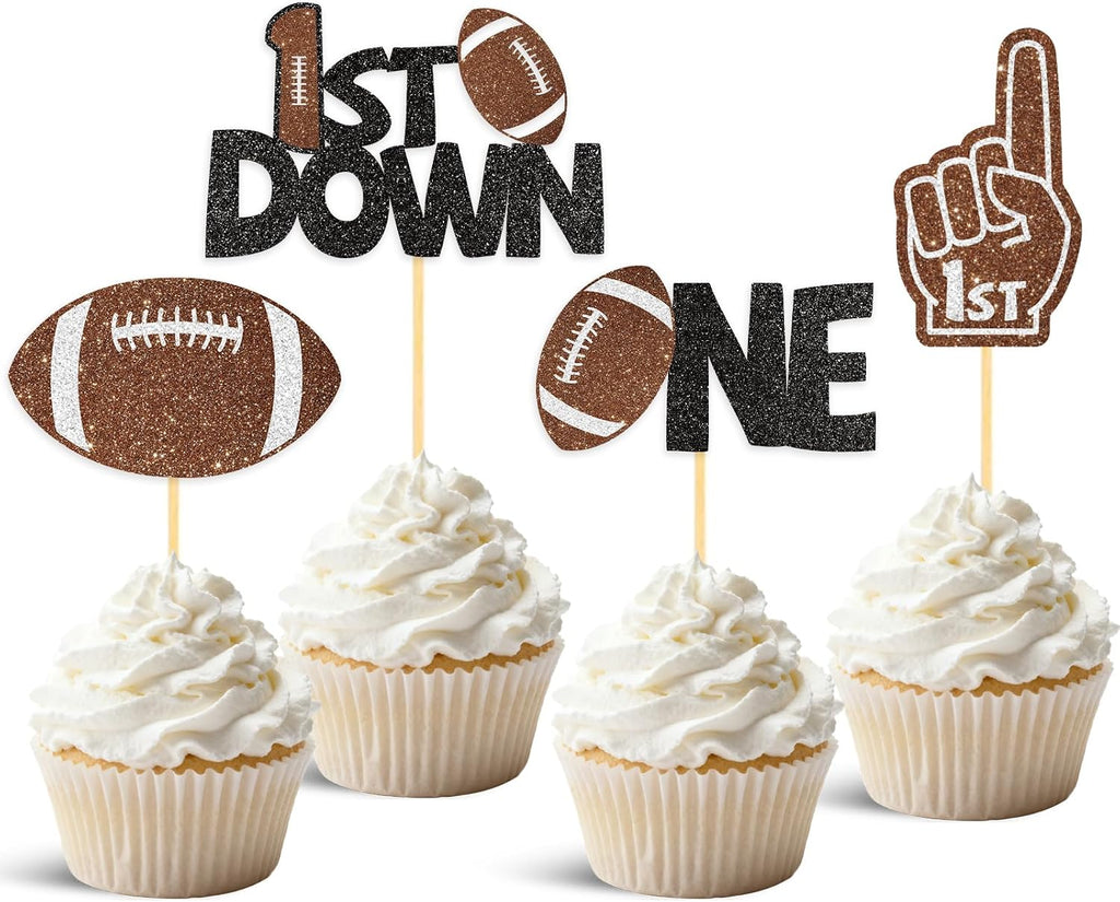 24Pcs Football 1st Birthday Cake Topper & Cupcake Toppers, Football Party Decorations for Baby Shower, First Down Them
