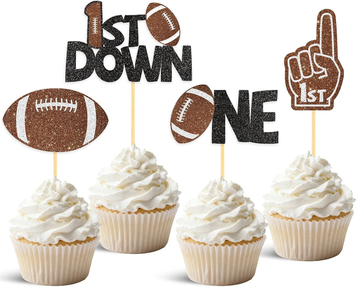 24Pcs Football 1st Birthday Cake Topper & Cupcake Toppers, Football Party Decorations for Baby Shower, First Down Them