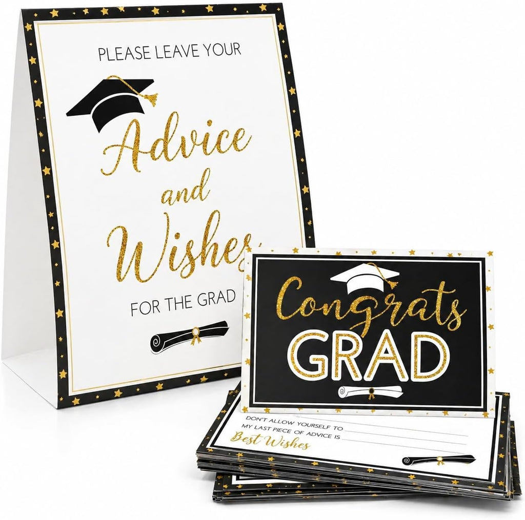 Gift Boutique 50 Graduation Advice Cards Double Sided with Table Sign Black and Gold Grad Party Guest Book Alternative