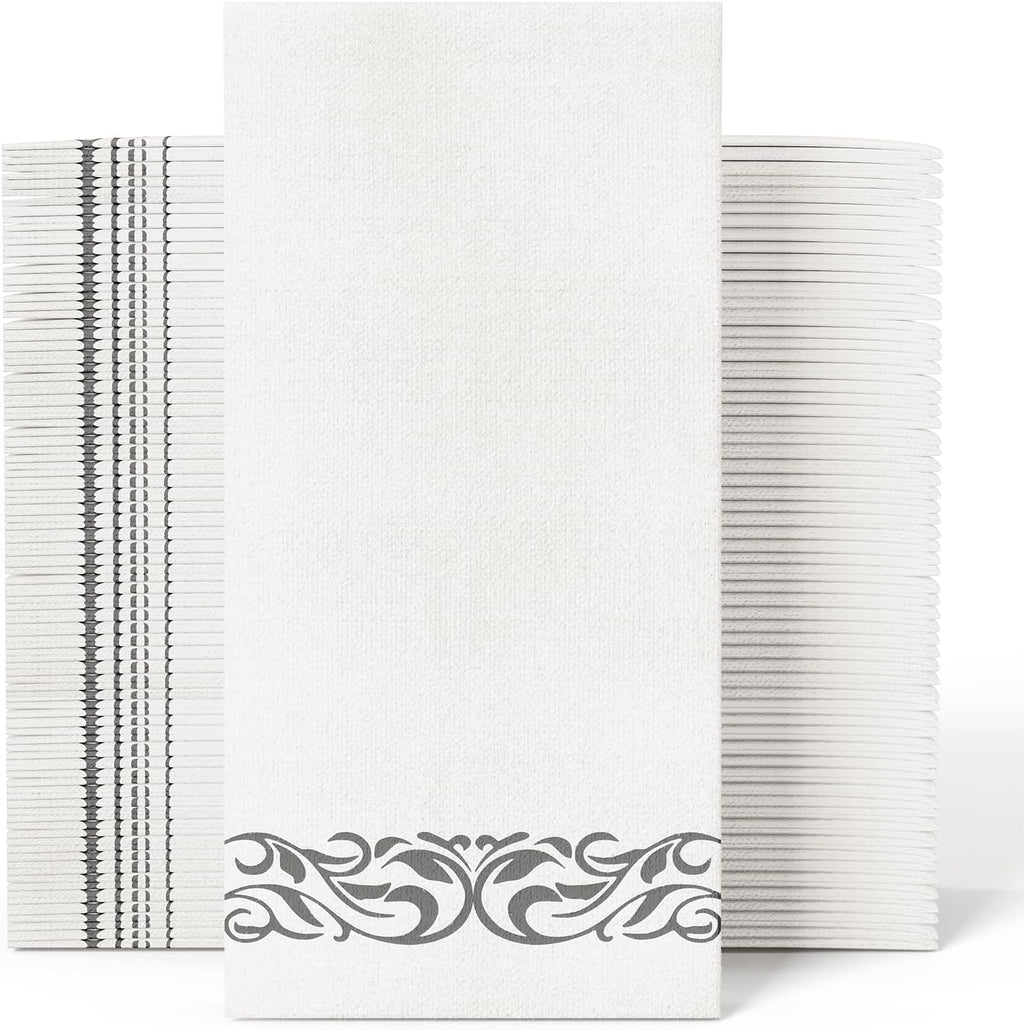 JOLLY CHEF 100 Disposable Hand Towels, Soft and Absorbent Linen Feel Dinner Napkin, Elegant Decorative Paper Guest Towels for Kitchen, Bathroom, Weddings, Parties, Silver and White