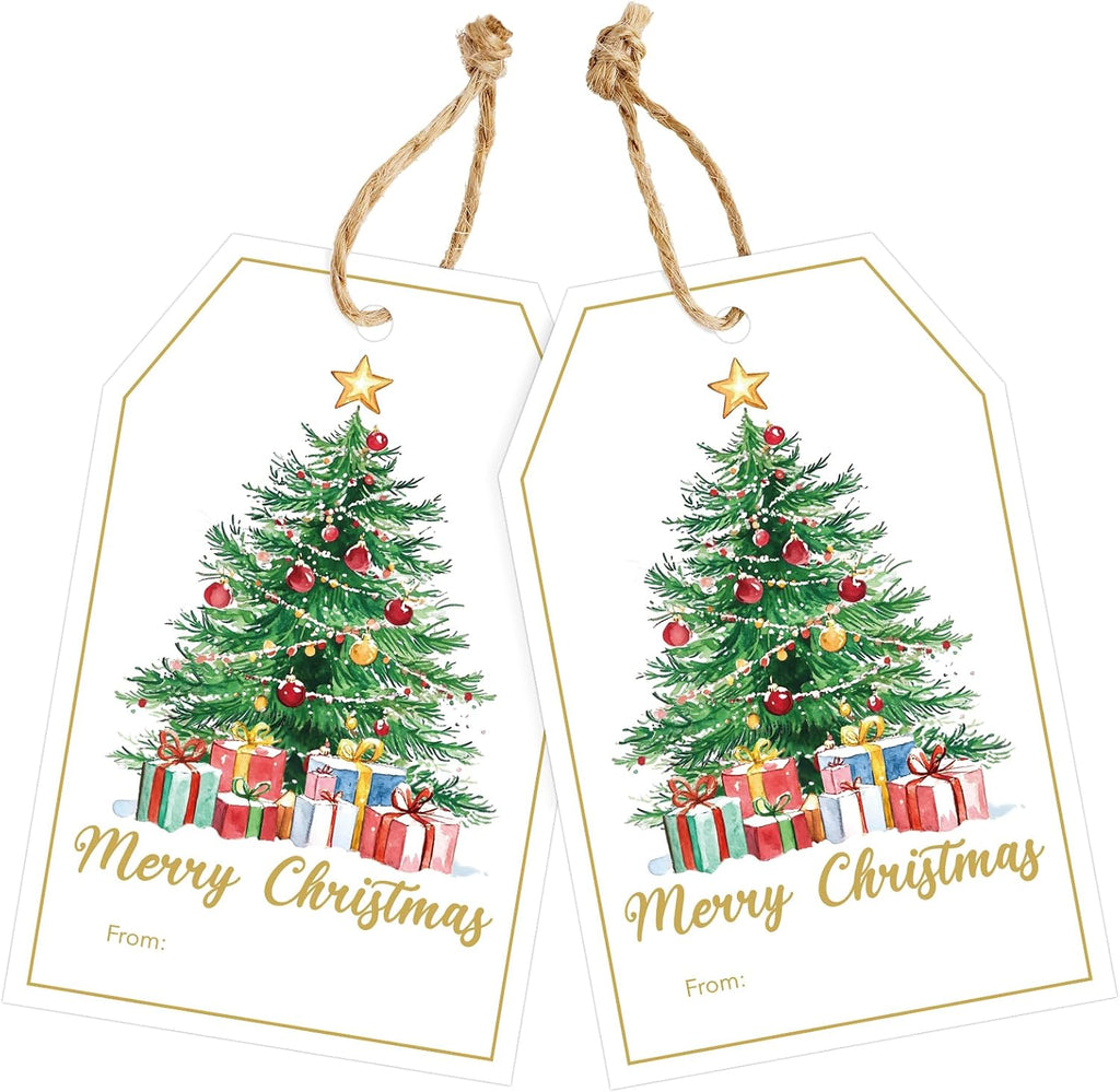 joycraft 50Pcs Merry Christmas Tags with String, Christmas Tree Gift Tags