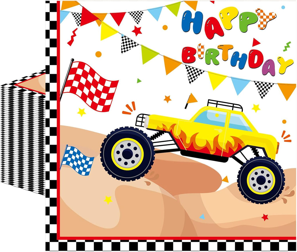 50 Pcs Monster Truck Paper Napkins 6.5 x 6.5 Inches, Racing Car Theme Disposable Luncheon Dinner Party Napkins Cocktail Napkin for Monster Truck Birthday Party Decorations (Truck)