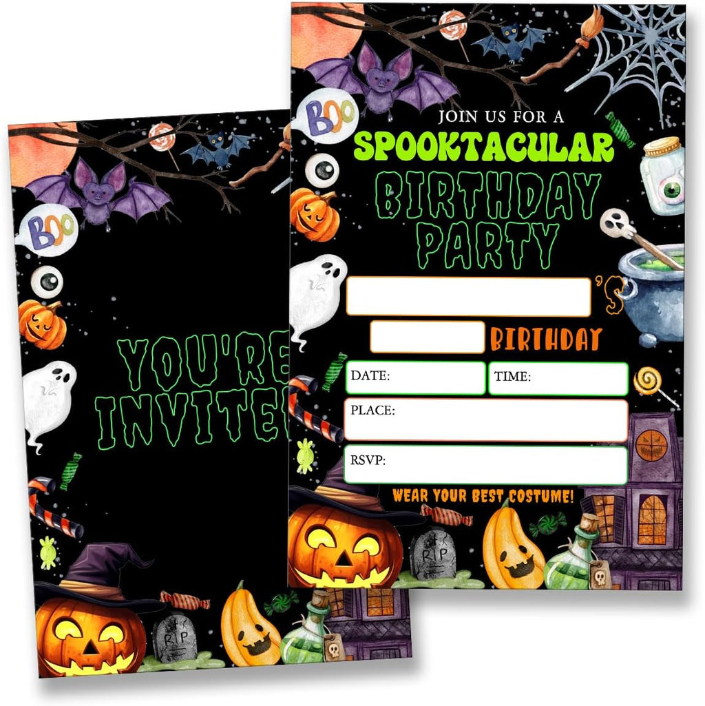 Halloween Birthday Party Invitations Spooky Pumpkin Ghost Theme Invite (20 Cards with Envelopes) Double Sided Design