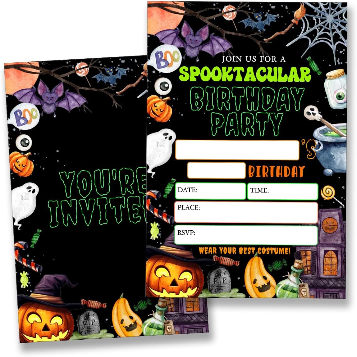 Halloween Birthday Party Invitations Spooky Pumpkin Ghost Theme Invite (20 Cards with Envelopes) Double Sided Design