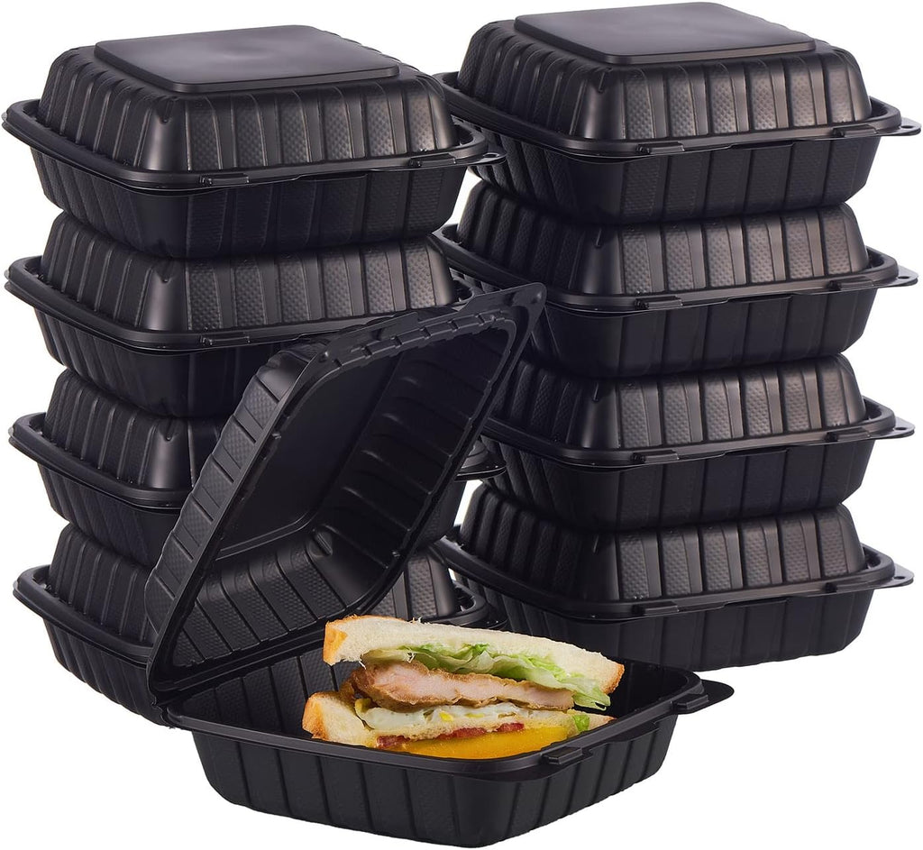 8X8" 1-Compartment 50-Pack Plastic Clamshell To Go Containers Food Carryout Lunch Box Packaging For Sandwich Salad Heavy Duty Disposable Restaurant Service Catering Meal Hinged With Secure Snap Lid