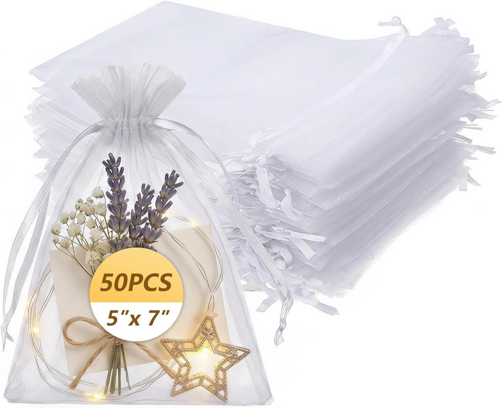 Wudygirl 50 Pcs Organza Bags, 5x7 IN Drawstring Gift Bags-White