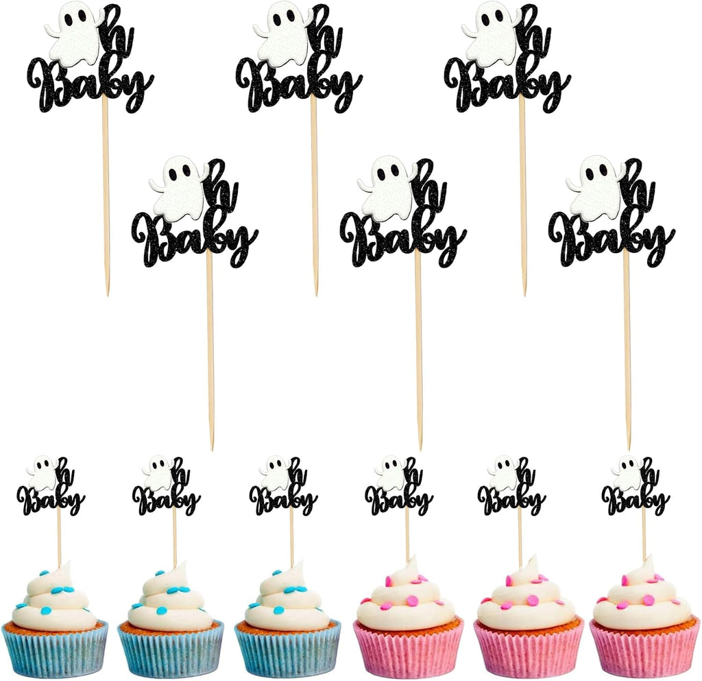 24 Pcs Ghost Oh Baby Cupcake Toppers - Halloween & Baby Shower Decorations, Little Boo Cupcake Picks, Ghosts Cake Decoration for Gender Reveal