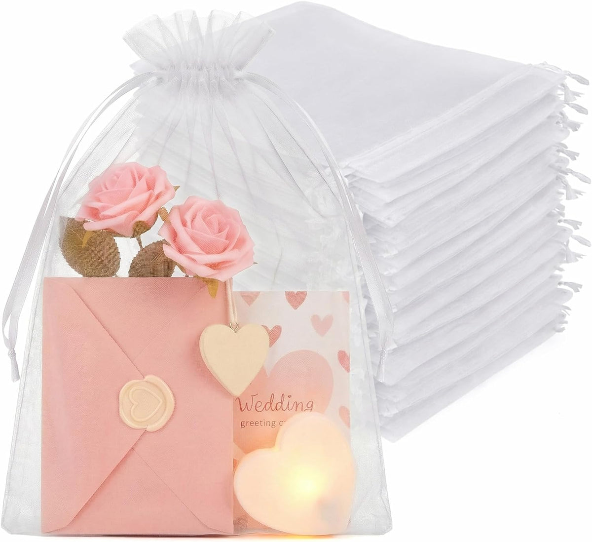 Crweety 50PCS Organza Bags 8x12 Large White Mesh Bags Drawstring Gift Bag Pouches for Wedding Favors Goodie Sachet Jewelry, Sheer Treat Bag Bulk for Birthday Baby Bridal Shower Graduation Party