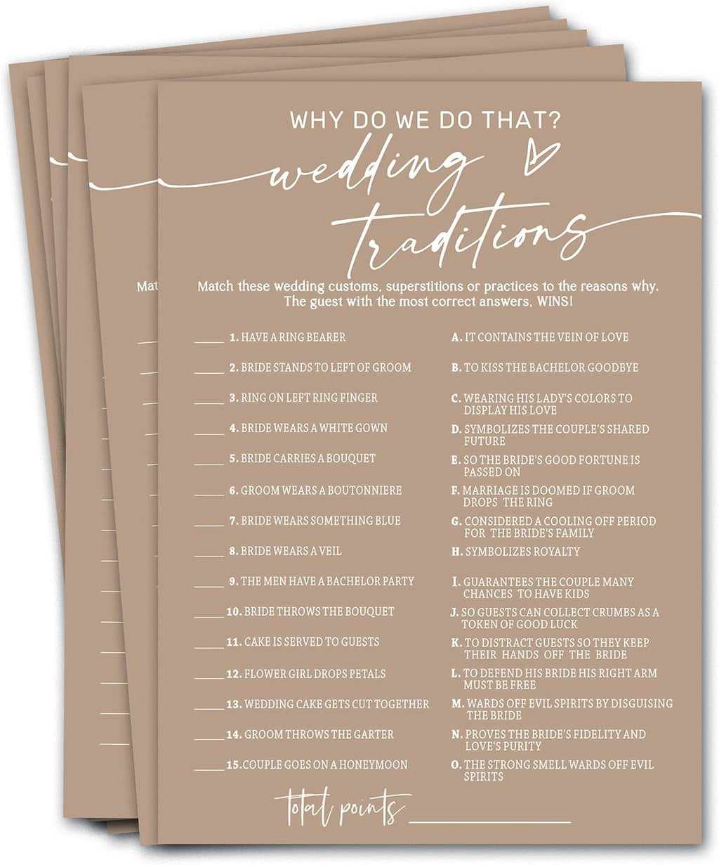 Bridal Shower Game Cards Wedding Traditions Why Do We Do That 25 Players with Answer Key | Engagement Party Games for Guests Minimalist Brown Wedding Shower Supplies - D08-3