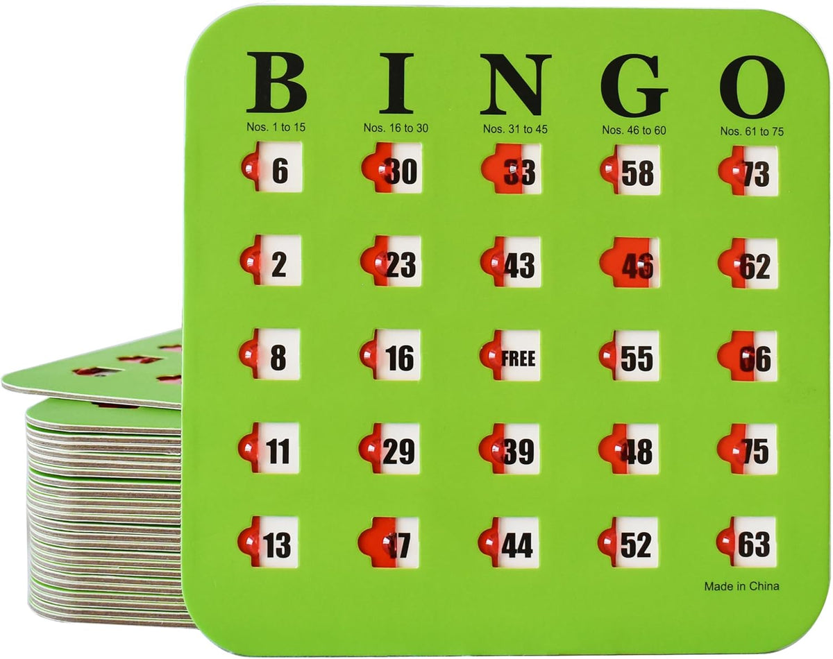 Yuanhe Bingo Cards with Sliding Windows - Reusable Travel Bingo Game Cards Bulk, 25 Pack, Green
