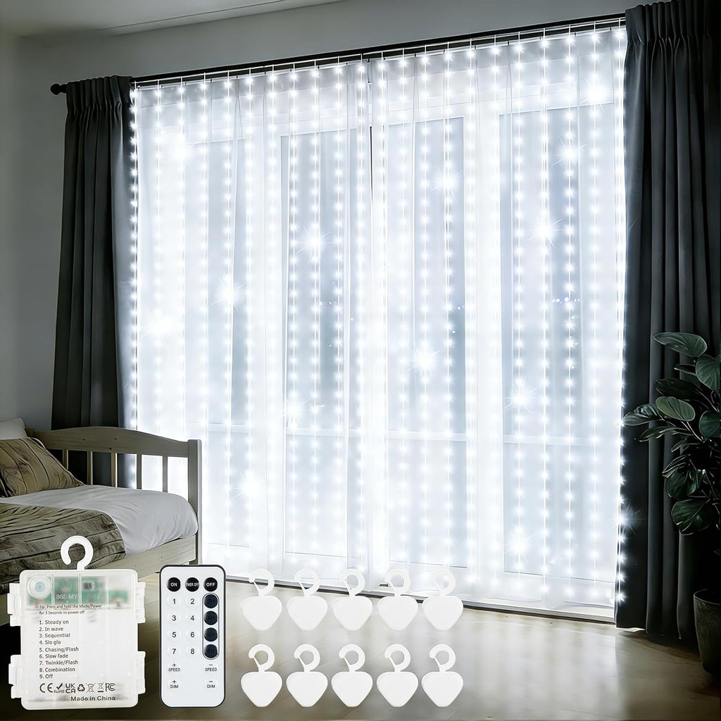 echosari Curtain Lights Battery Operated 9.8 x 9.8Ft with Timer Cool White