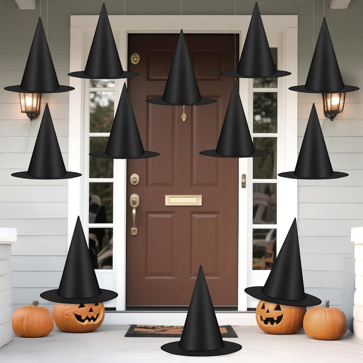 Luces 48 PCS Witch Hats for Porch, Black Wizard Hat Outside Front Porch