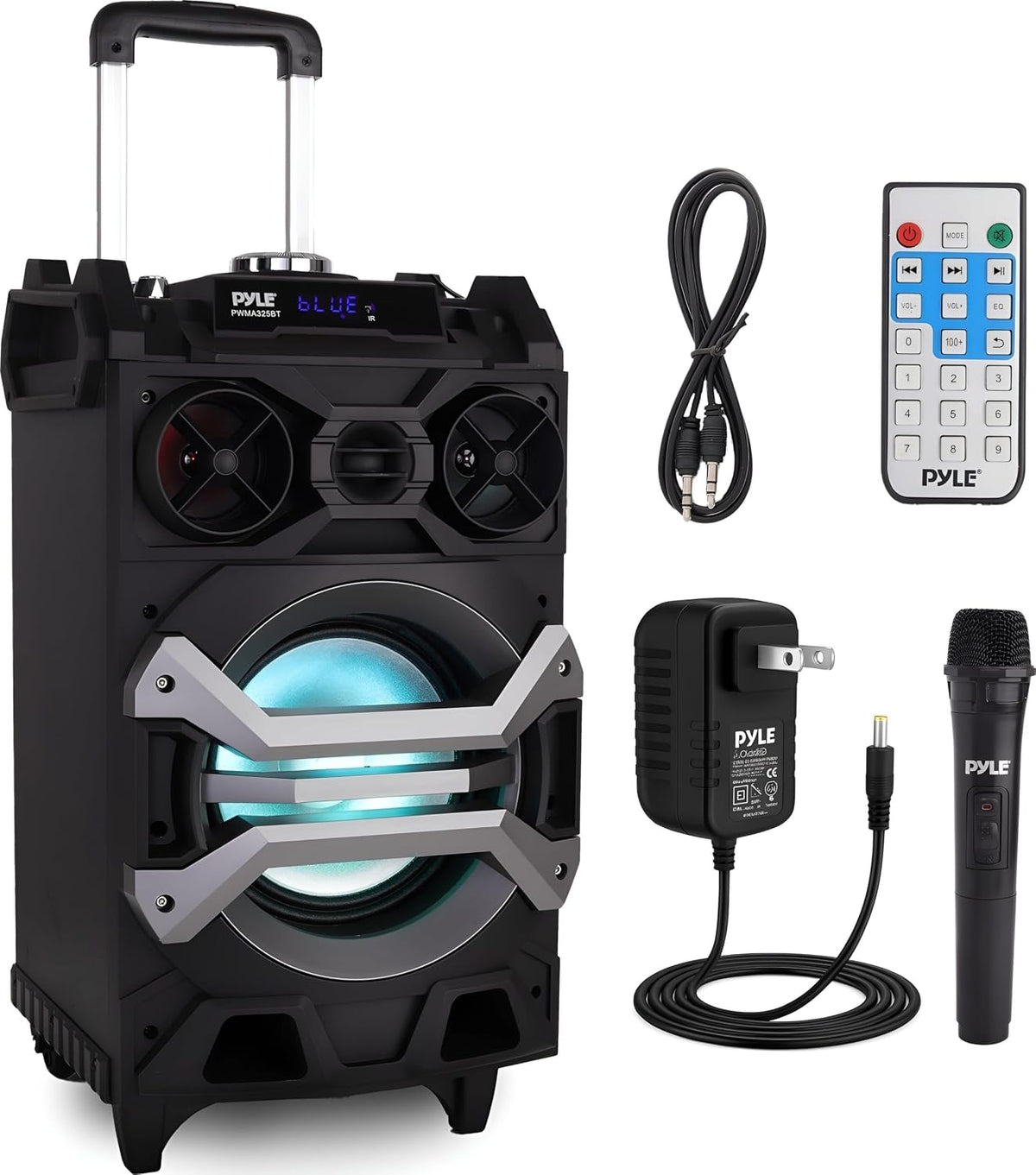 Pyle 500 Watt Portable BT Connectivity Karaoke Speaker System - PA Stereo with 8" Subwoofer, DJ Lights Rechargeable Battery Microphone, Recording Ability, MP3/USB/SD/FM Radio - PWMA325BT