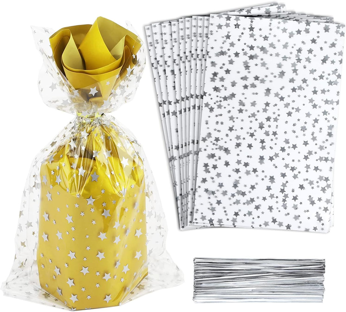 100 Pcs Star Printed 7"X 12" Gift Wrap Cello Cellophane Treat Bags Party Favor bags Clear Candy Cookie Bags Plastic Poly Goodie Storage Bags with Twist Ties for Bakery,Birthday, Wedding ,Party Decorations (Silver)
