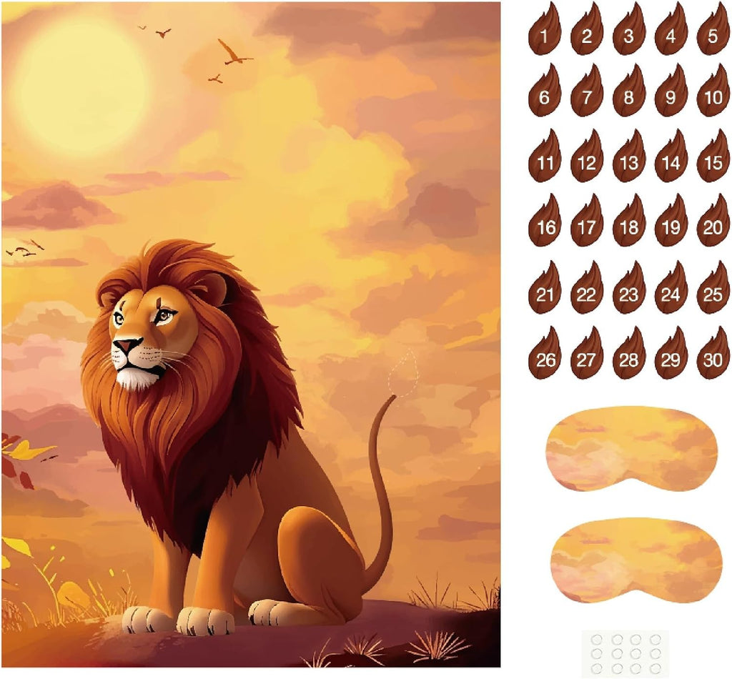 PLULON Pin The Tail on The Lion Safari Party Game for Kids, Birthday Games Big Poster with Tail Stickers for Zoo Animal Lion Party Favors Decorations Boys Birthday Jungle Party Supplies