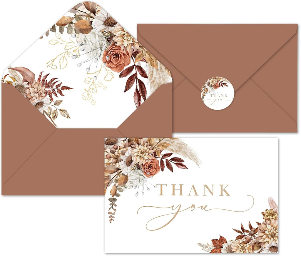 Whaline 100Pcs Fall Floral Thank You Cards with Envelopes Stickers Boxed Greeting Cards Watercolor Boho Flower Leaves Note Card for Autumn Thanksgiving, 4 x 6 Inch