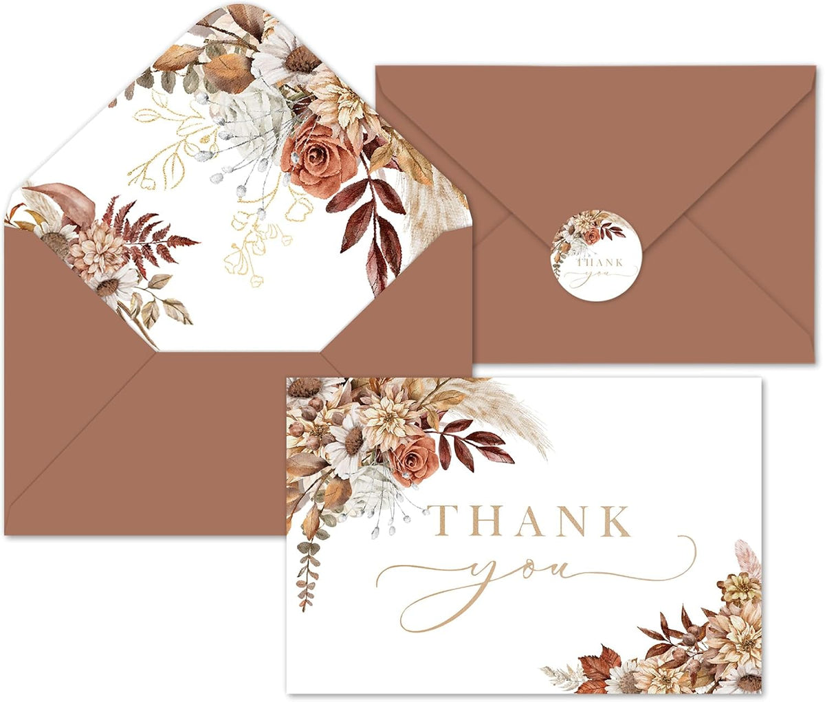 Whaline 100Pcs Fall Floral Thank You Cards with Envelopes Stickers Boxed Greeting Cards Watercolor Boho Flower Leaves Note Card for Autumn Thanksgiving, 4 x 6 Inch