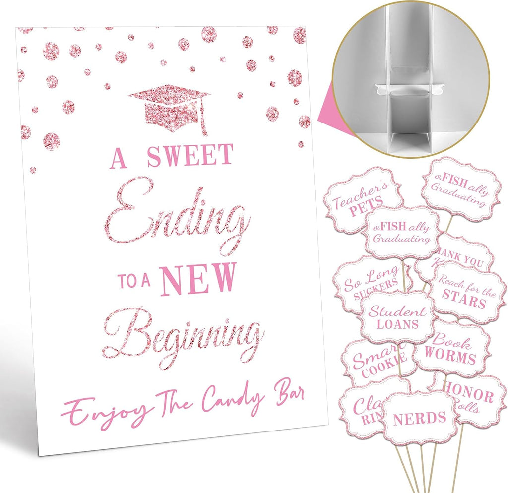Graduation Candy Buffet Labels for Grad Party Decorations, Graduation Candy Bar Dessert Food Label Signs Set, Class of 2026 Grad Parties Table Decor Supplies (Pink)