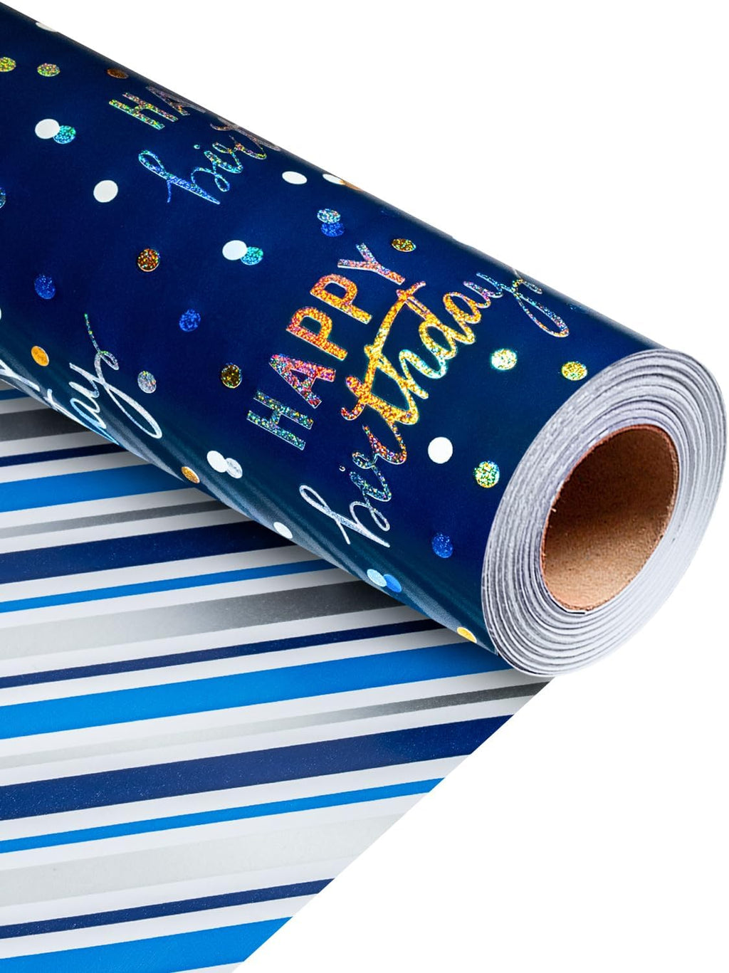 MAYPLUSS Birthday Wrapping Paper Roll, Blue Metallic Holographic Happy Birthday Wrapping Paper Featuring Revesible Stripe Gift Wrap Paper for Boys Kids Girls Men, 17 Inches x 33 Feet