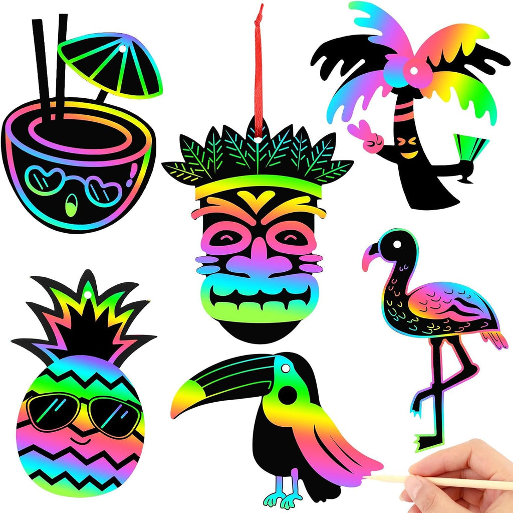 JULMELON 36PCS Luau Crafts for Kids, Rainbow Scratch Art Hawaiian Party