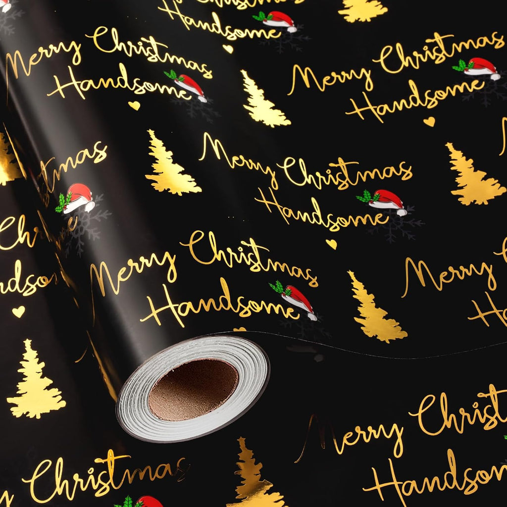 Yarcony Black and Gold Christmas Wrapping Paper for Men Boys, 17 In X 33Ft