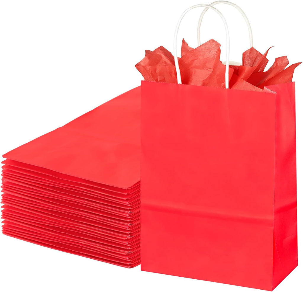 BLEWINDZ 32Pcs Small Paper Gift Bags with Tissues, Red Party Favor Bags with Handles, 8.7" Goodie Bag for Birthday, Shopping, Party Supplies