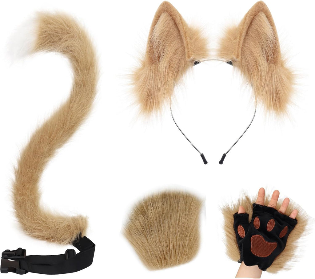 CHOICEONE Cat Fox wolf Ears and Tail Set with Paws Gloves Faux Fur Animal Cosplay Costume Accessories for Halloween Party