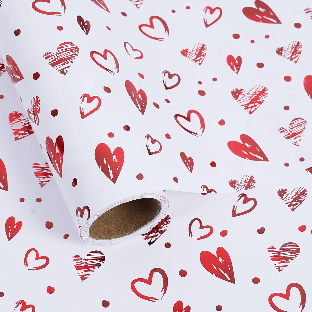 Foil Hearts Wrapping Paper Roll, Sliver Red Heart Mini Roll 17inx16.5ft-Luxury Gift Wrap for Valentine's Day,Anniversary, Mom's Mother Birthday, Wedding Party Bridal, Holiday,Wife,Girlfriend,Women