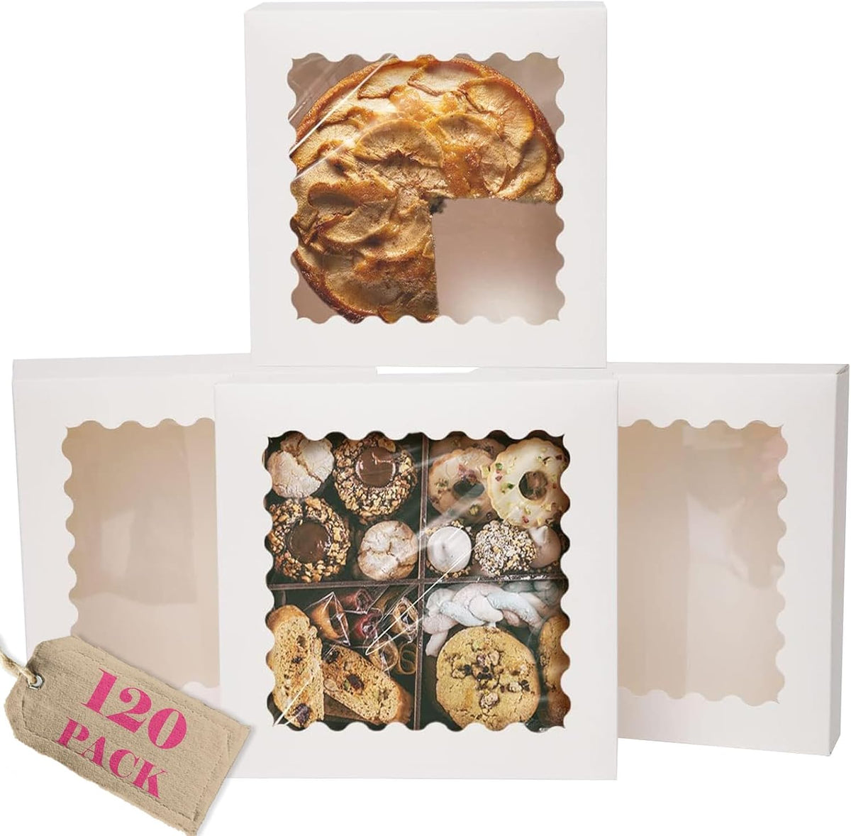 qiqee 10"x 10"x 2.5" White Pie Boxes with Window 120Packs Cookie Donut Bakery Box (Auto-pop Up)