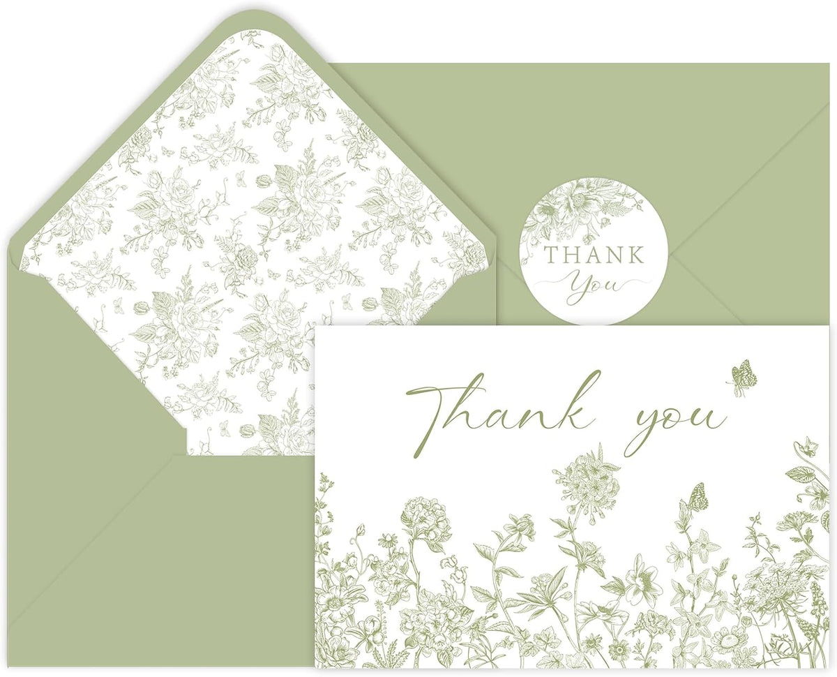 100 Pack Green Floral Thank You Cards With Envelopes Stickers