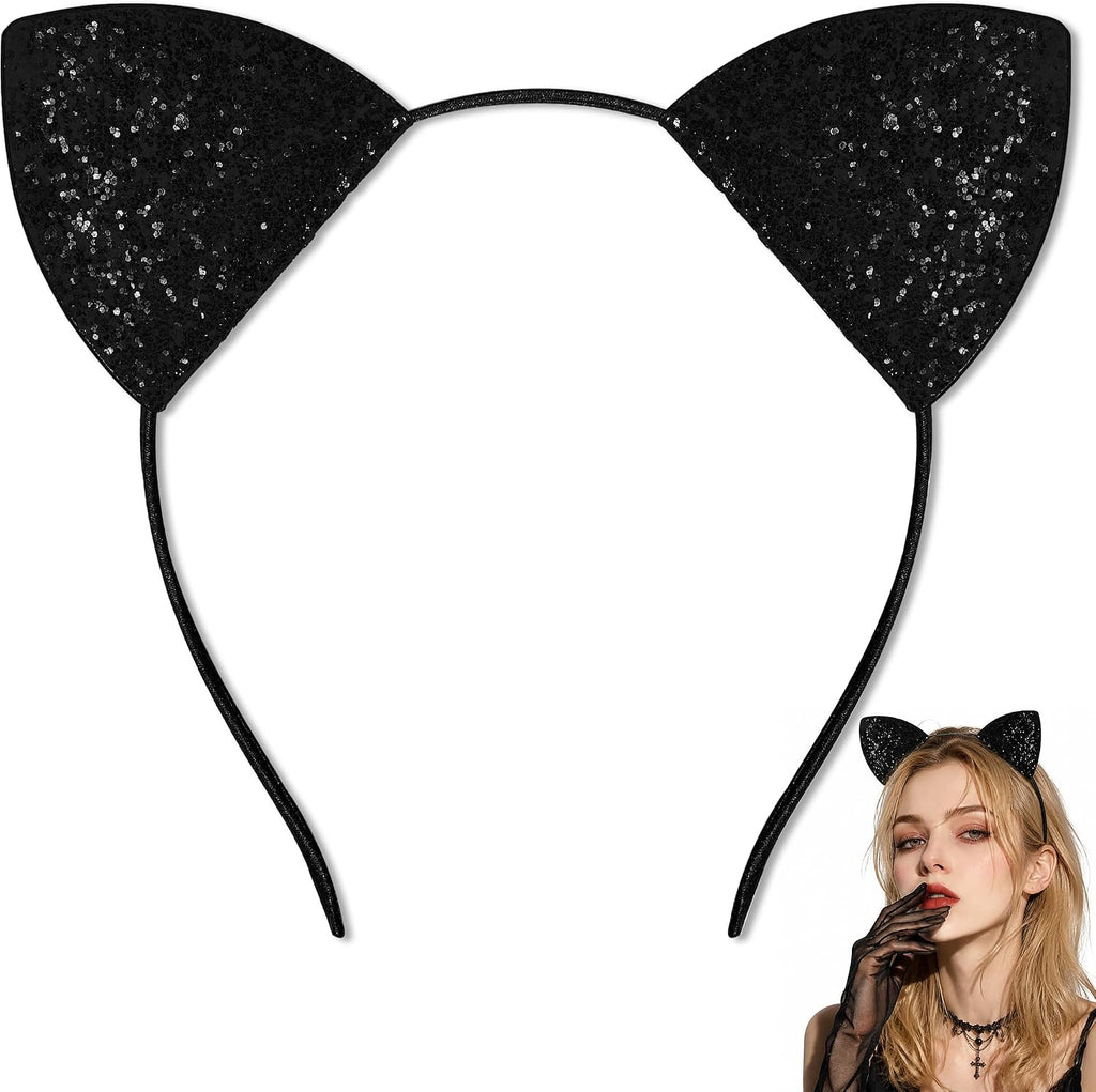 U-Goforst Black Cat Ears Headband Adult, Glitter Black Cat Costume for Women, Halloween Ears Fancy Dress Cosplay Accessories