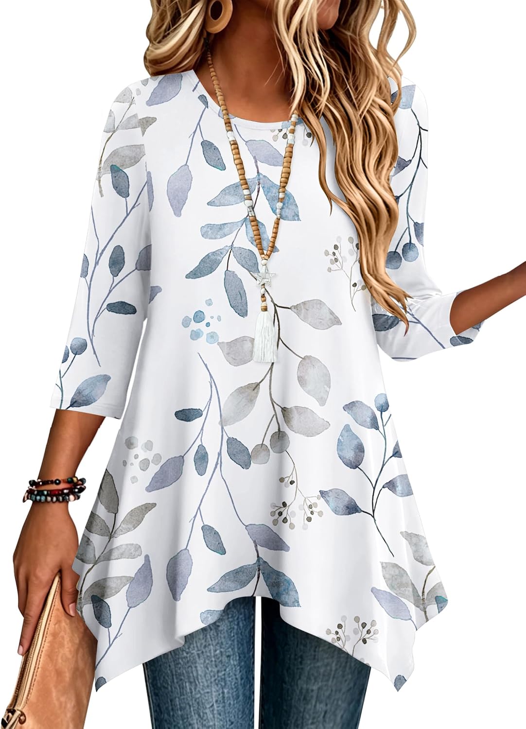 Zeagoo Womens Tops 3/4 Sleeve Loose Fit Dressy Tunics Plus Size Boho Shirts