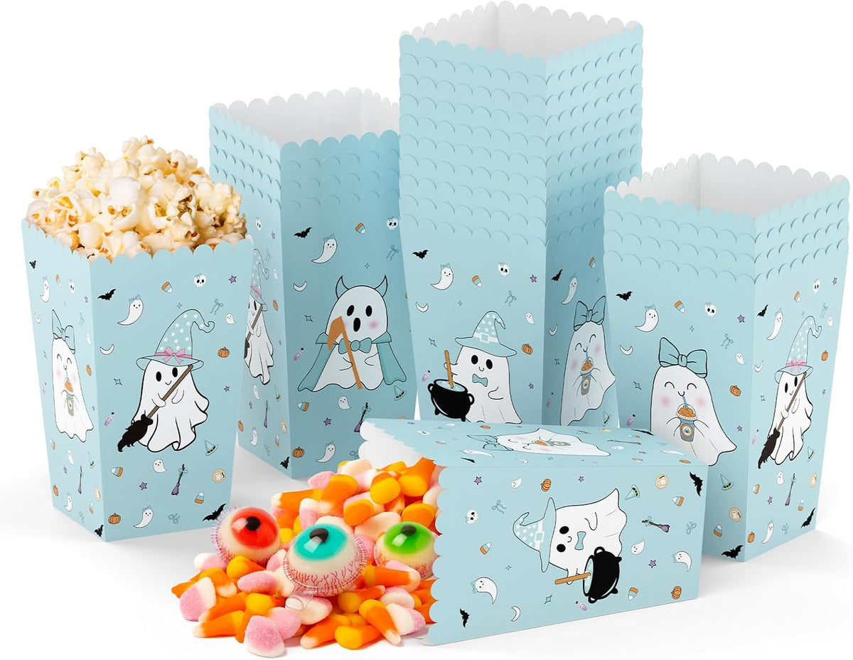 K KUMEED 24 PCS Halloween Popcorn Favor Boxes, Cute Ghost Popcorn Bowls, Blue