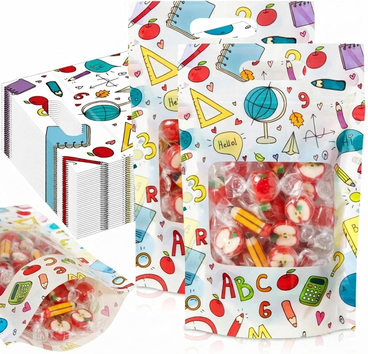 Engrowtic 100 Pcs Back to School Treat Bags Plastic Resealable Gift Bags with Handles First Day of School Goodie Pouches for Students Teacher Classroom Preschool Kindergarten Party Favors Wrapping