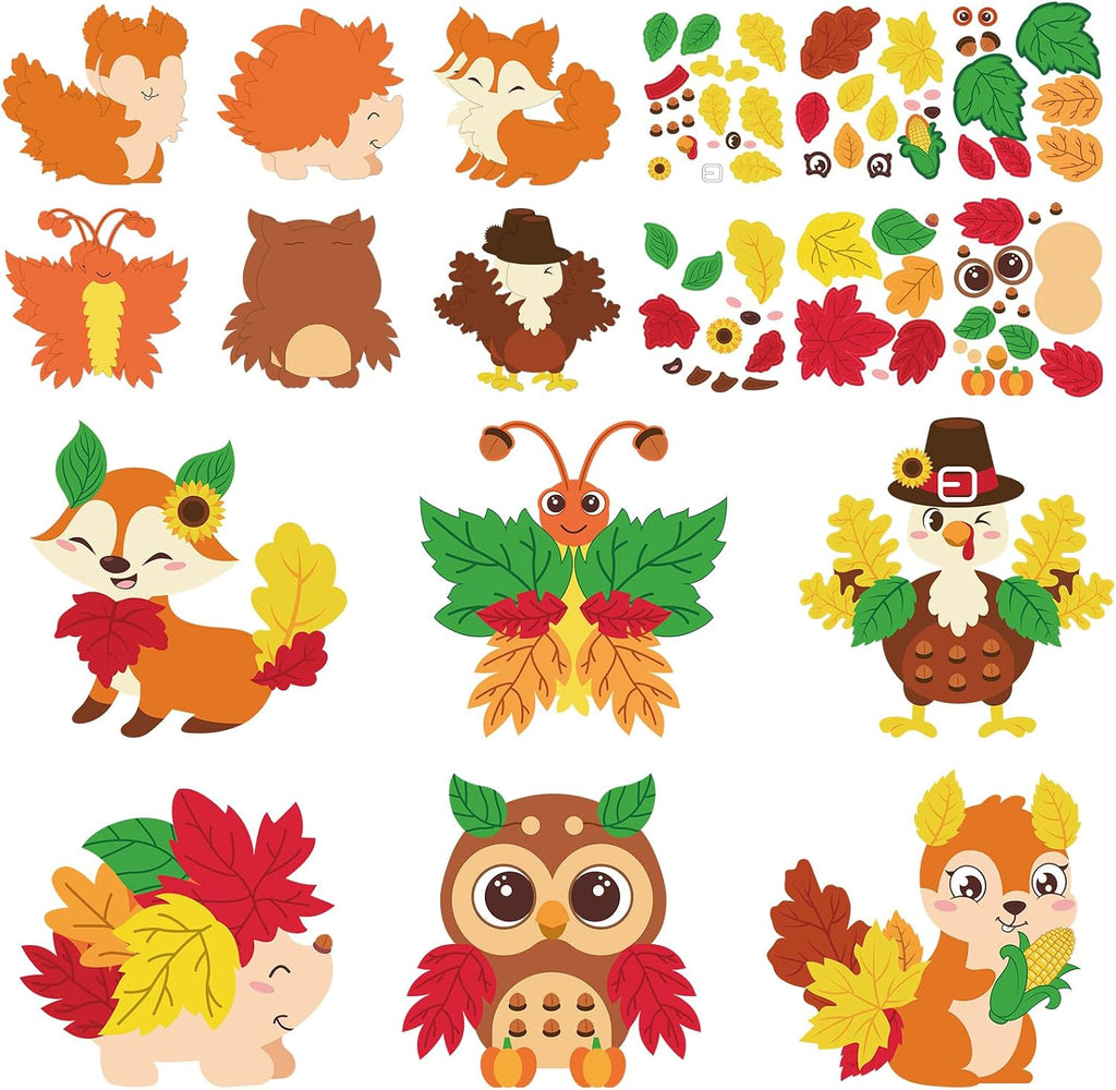 DIYASY 12 Pcs Fall Craft Kits for Kids, Cute Animals DIY Crafts Stickers Bulk Set Make Your Own Fall Animal Maple Leaves Stickers for Thanksgiving Party Classroom Game Activities Party Favors Supplies