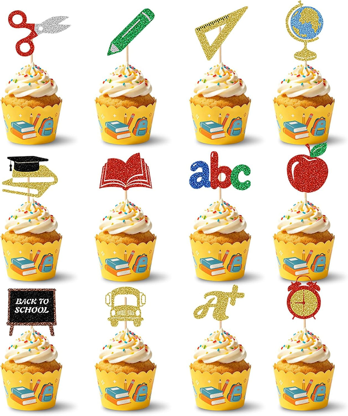 24Pcs Back to School Cupcake Toppers, Glitter School Cake Decorations