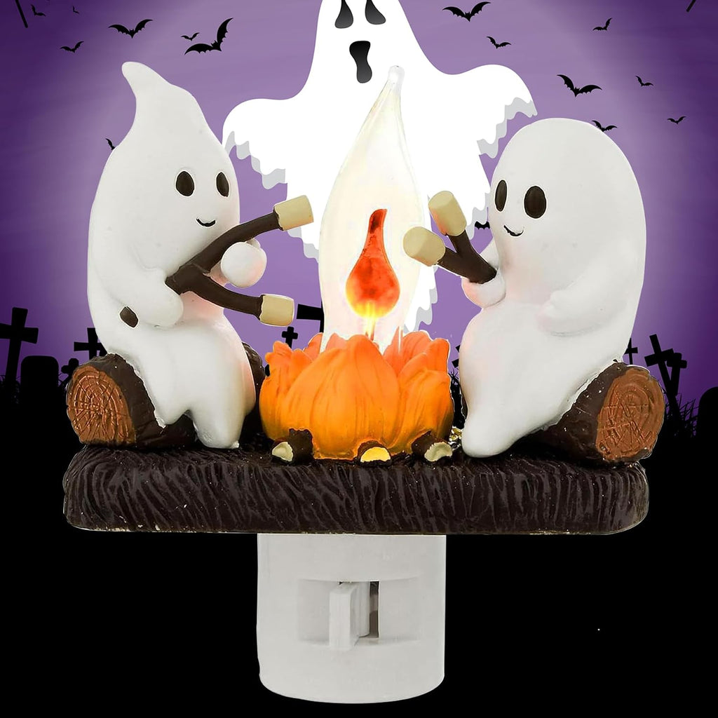 Halloween Ghost Campfire Night Light,Plug-in Wall Flickering Flame Nightlight,3D Cute Spooky Marshmallow Ghost Decoration for Bedroom,Spooky Season Home Halloween Decor for Kids Adults (Purple)