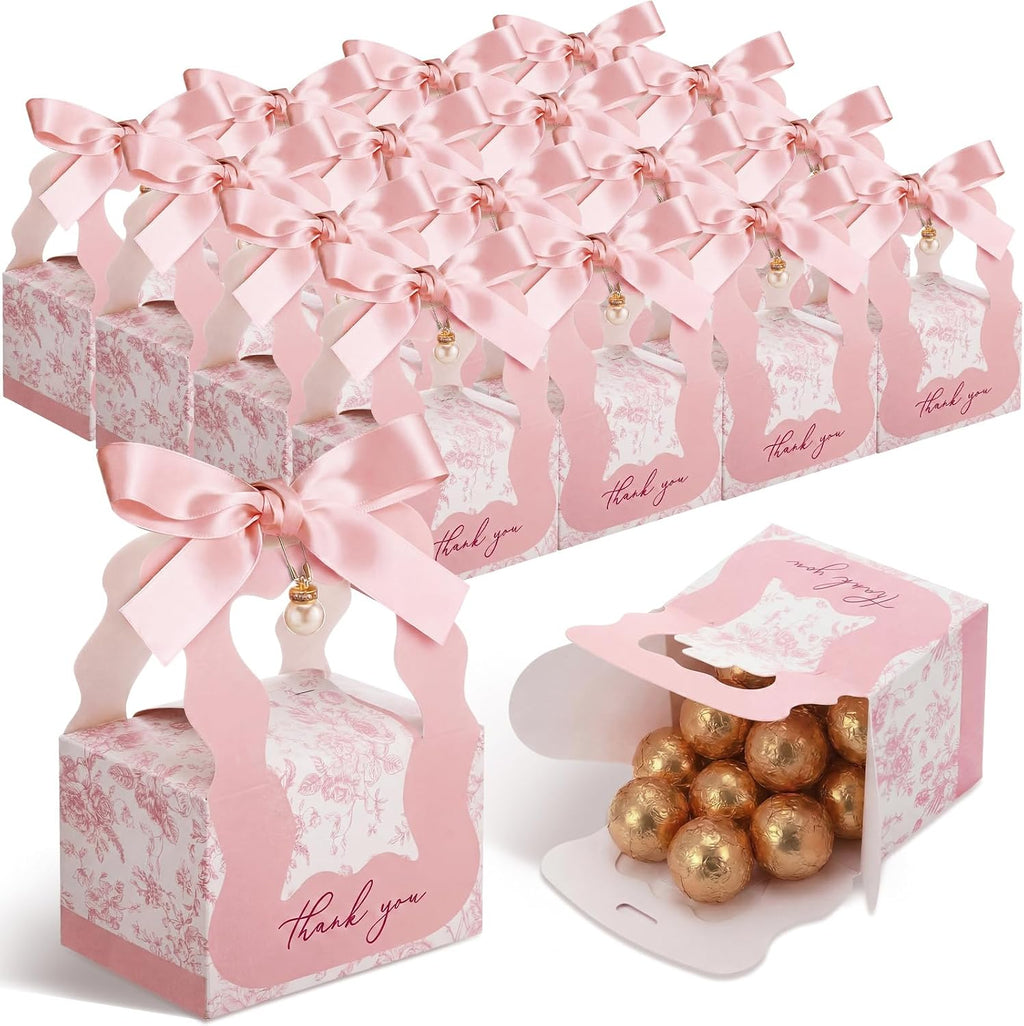 ForraFun 50 Sets Floral Wedding Favor Boxes with Pearl Pendant Bow, Pink