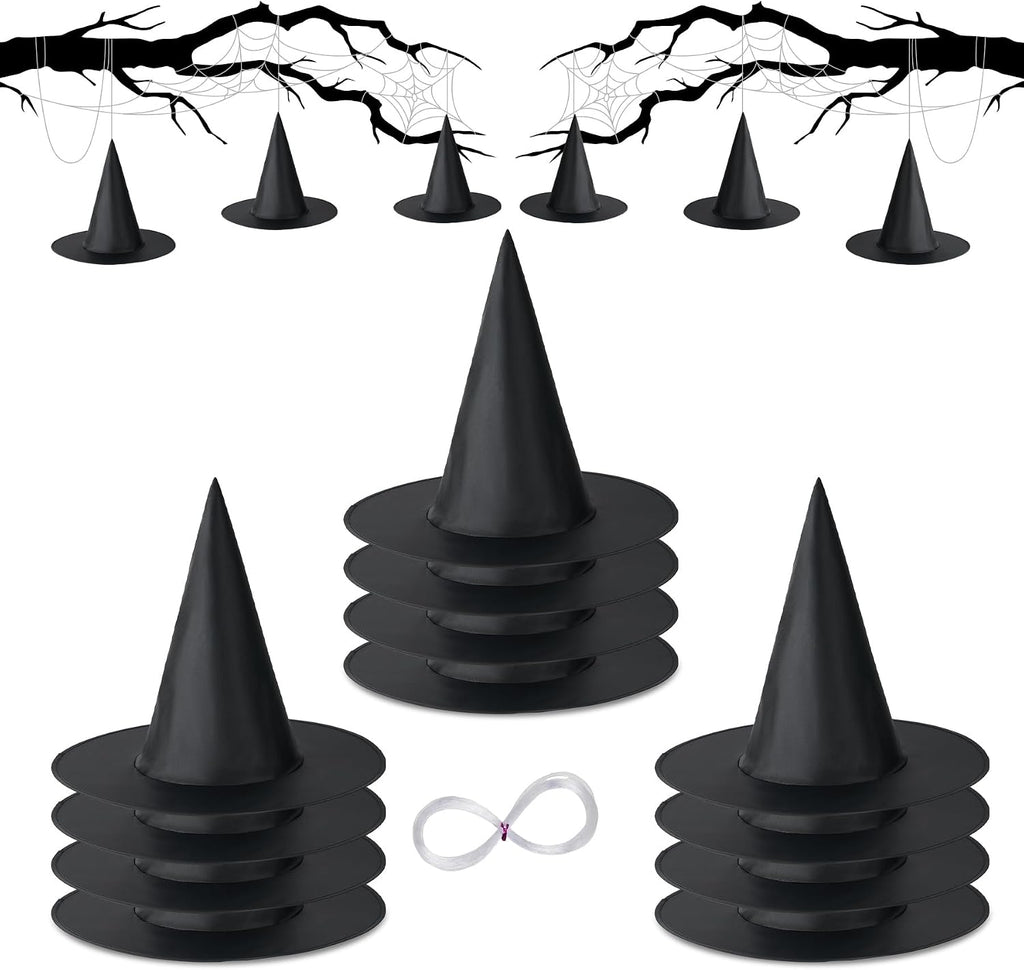 12 PCS Halloween Witch Hat, Black Hanging Witch Hat Costume Accessories Thickened Hanging Wizard Hats Bulk with 109 FT Rope Floating Porch Indoor Outdoor Home Yard Party Supplies