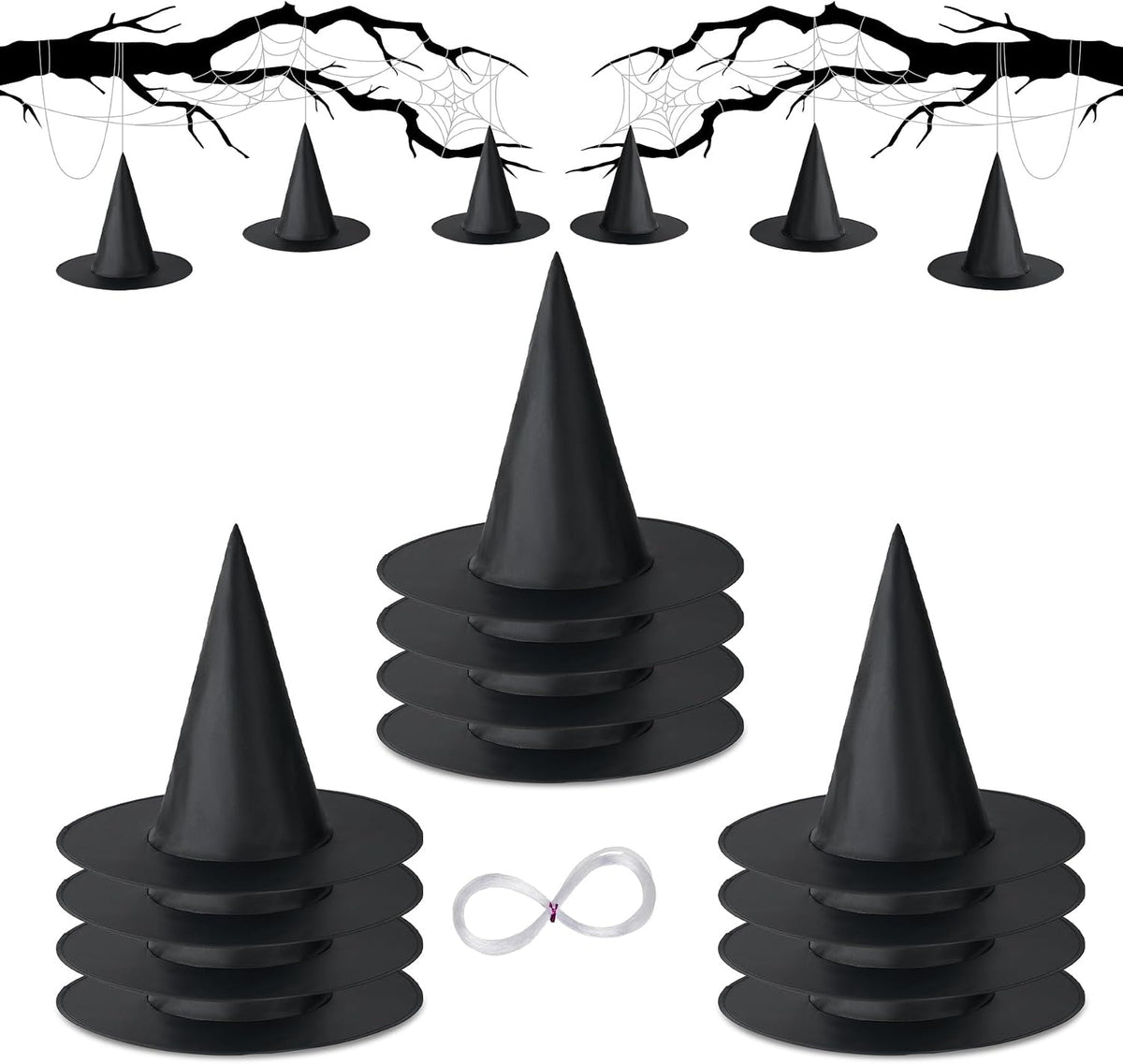 12 PCS Halloween Witch Hat, Black Hanging Witch Hat Costume Accessories Thickened Hanging Wizard Hats Bulk with 109 FT Rope Floating Porch Indoor Outdoor Home Yard Party Supplies