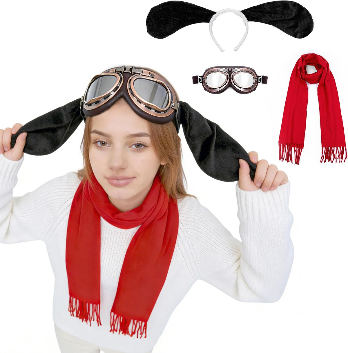 MORTICIA 3pcs Halloween Cosplay Dog Costume Accessories Set with Aviator Goggles, Black Ears Headband, Red Scarf, Cosplay Animal Theme Party and Festival Activities Dress Up Kit for Adults Women