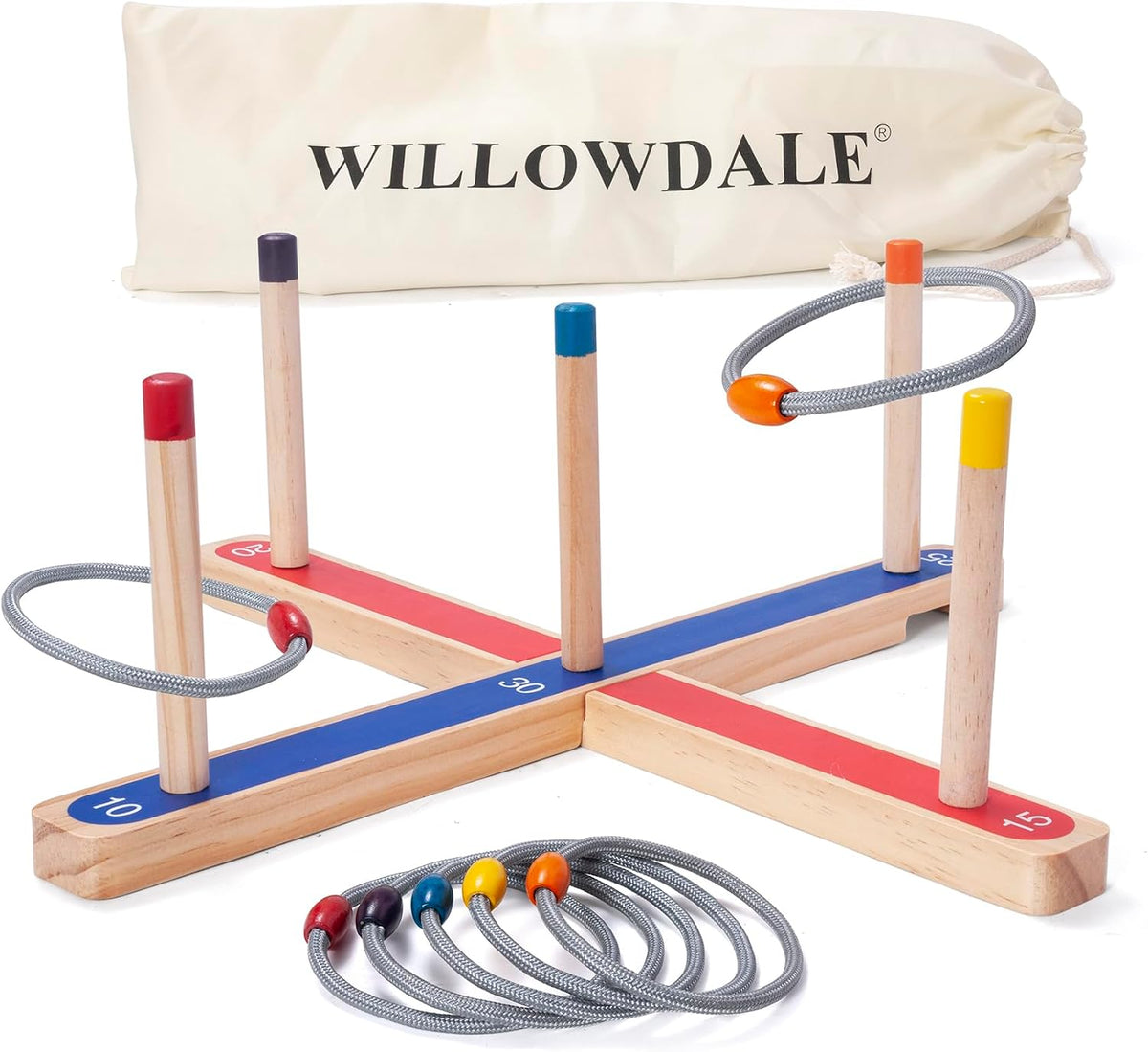 WILLOWDALE Wood Ring Toss Game for Kids, Outdoor Yard Games with 5 Rings