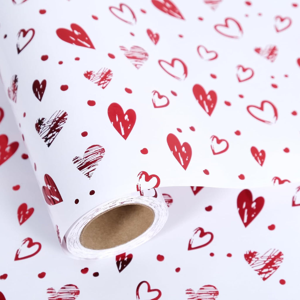 RayofSun Foil Hearts Wrapping Paper Roll, Sliver Red Heart Mini Roll 17inx32ft-Luxury Gift Wrap for Valentine's Day,Anniversary, Mom's Mother Birthday, Wedding Party Bridal, Holiday, Christmas