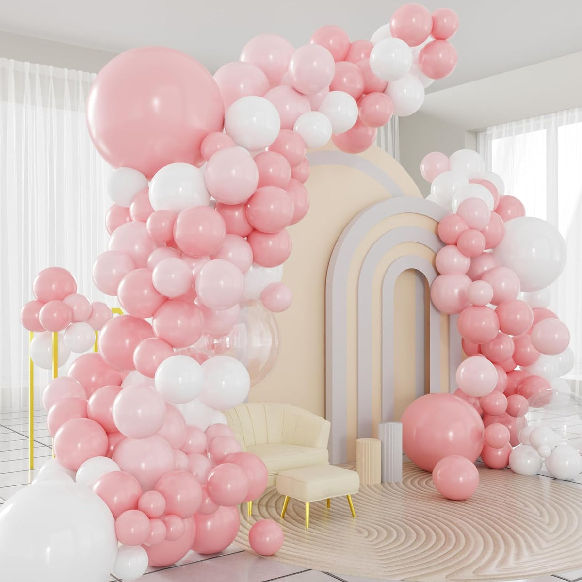 Pink Balloons Arch Kit, 124pcs Pink and White Balloons