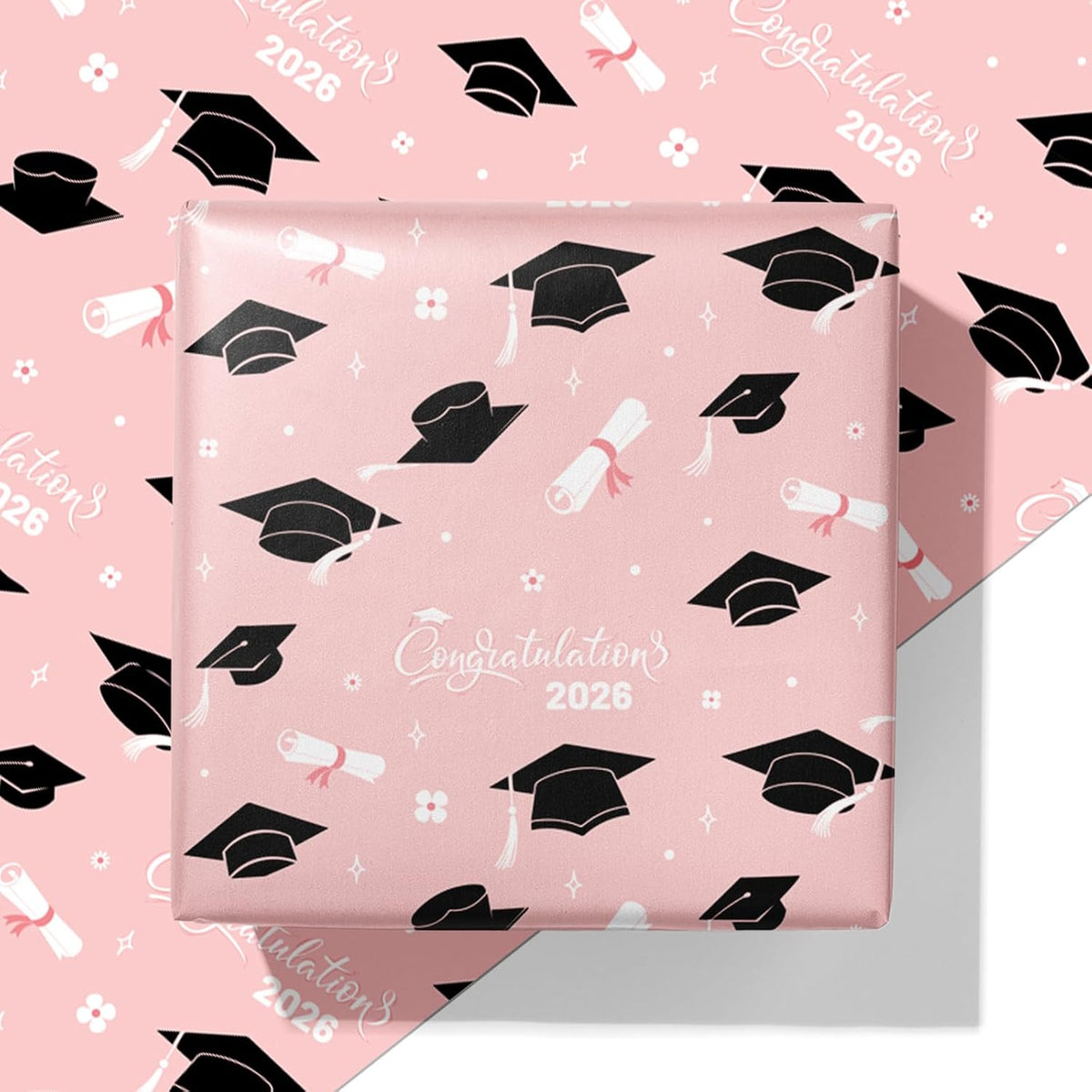 Cuitpan 2026 Graduation Wrapping Paper - 4 Jumbo Sheets,28x40 Inches, Pink Cap & White Diploma Design, Gift Wrap for Graduates, Graduation Parties, Seniors, School Events