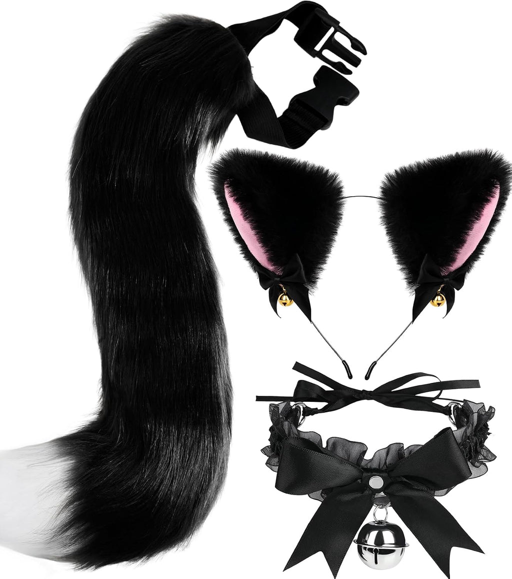 Cat Ears and Tail,Wolf Fox Ears Long Tail and Bell Lace Choker Set for Halloween,Animal Cosplay Party Costume