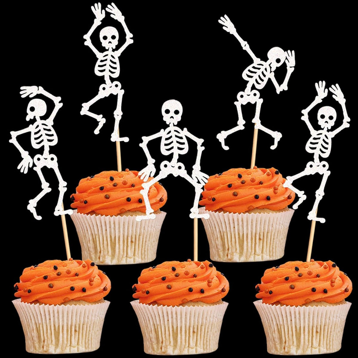 25Pcs Glitter White Skeleton Cupcake Toppers Dancing Skeleton Cupcake Picks for Halloween Party Decorations Halloween Boys Girls Goth Birthday Goth Bridal Shower Wedding Cake Cupcake Decorations
